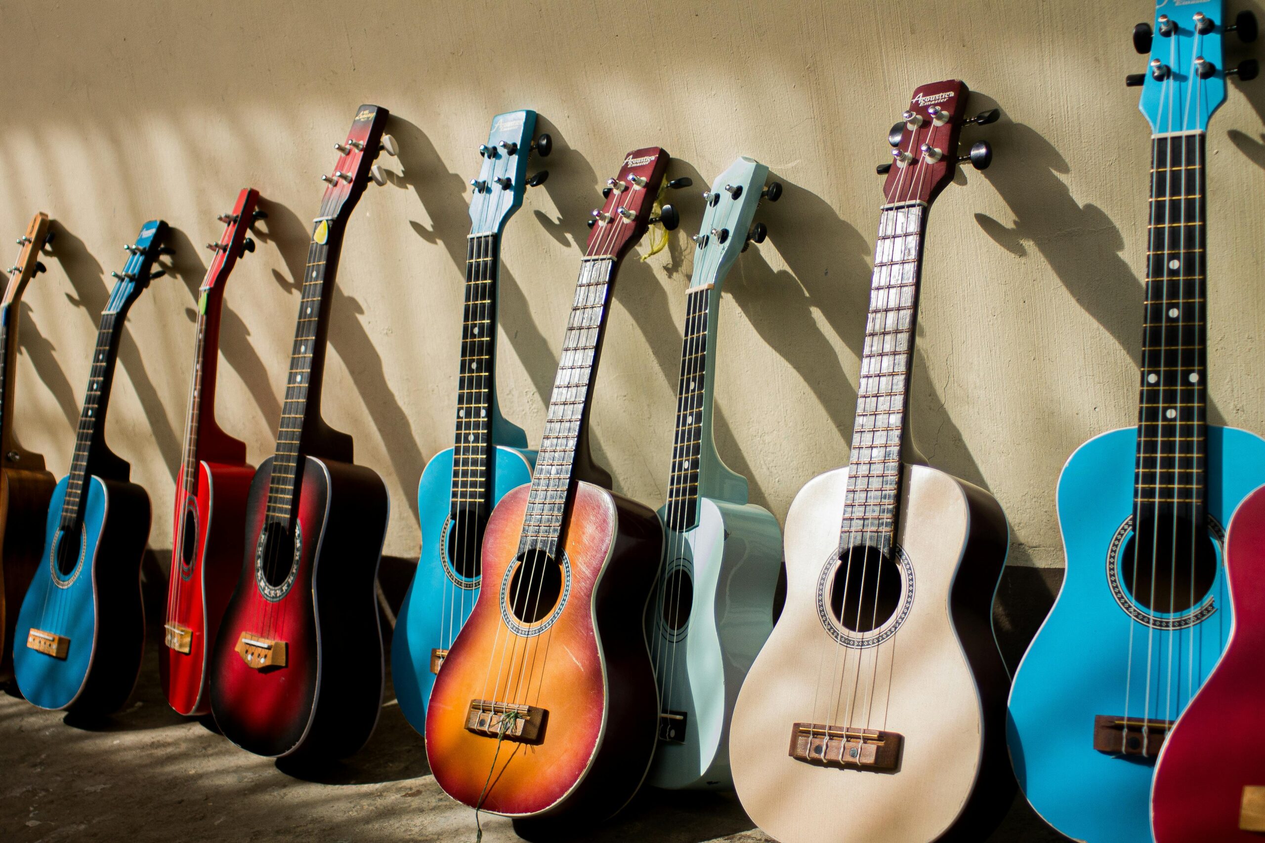 A colorful row of acoustic guitars lit by sunlight, showcasing variety and musicality.